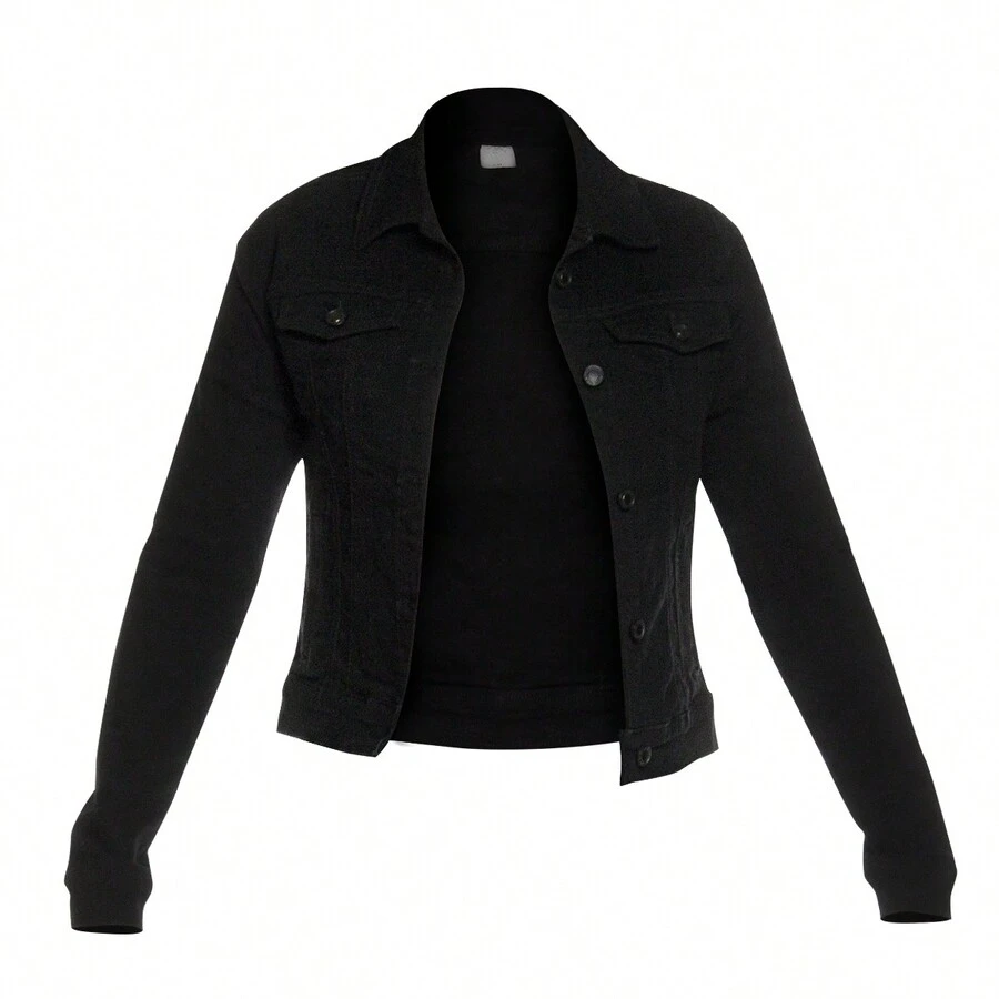 CHAMARRA DENIM JACKETS BASICA DE MEZCLILLA STRETCH CASUAL CON BOLSAS - Negro - Ver 1