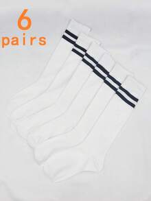 Bộ 6 đôi tất bắp chân kẻ sọc thời trang phong cách đại học cá tính dành cho nữ - trắng - Xem 1