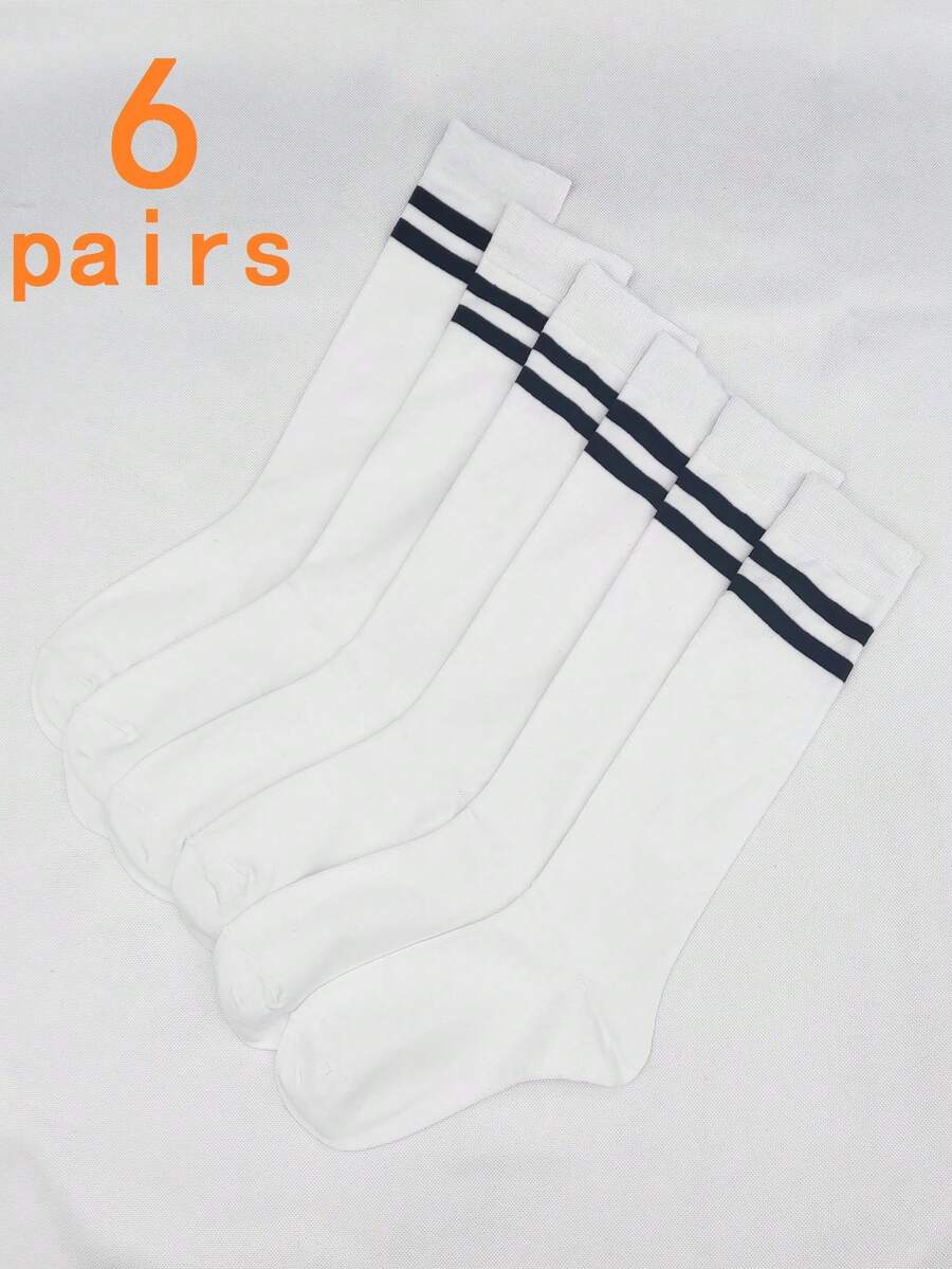 Bộ 6 đôi tất bắp chân kẻ sọc thời trang phong cách đại học cá tính dành cho nữ - trắng - Xem 1