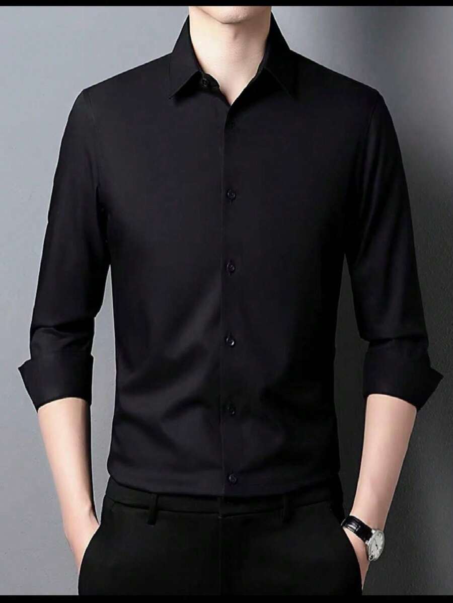 Men's Slim Fit Long Sleeve Dress Shirt Unmissable And Promotion - 黑色 - 查看 1