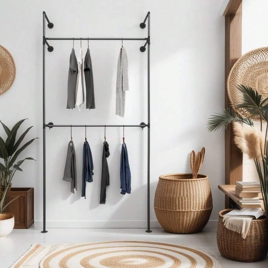 Industrial Pipe Clothing Rack - KIM I Double - Clothes Rack For Wardrobe, Bedroom And As Walk-In Closet System. Sturdy Clothing Racks For Hanging Clothes I Wall Mounted Heavy Duty Clothes Rack - 黑色 - 查看 1