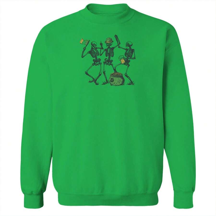 Nearly There St Patrick's Skeletons Like To Party Graphic Irish Green Unisex Cotton Pullover Sweatshirt - 綠色 - 查看 1