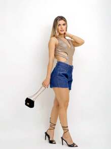 Women Denim Shorts - 深色水洗藍 - 查看 2