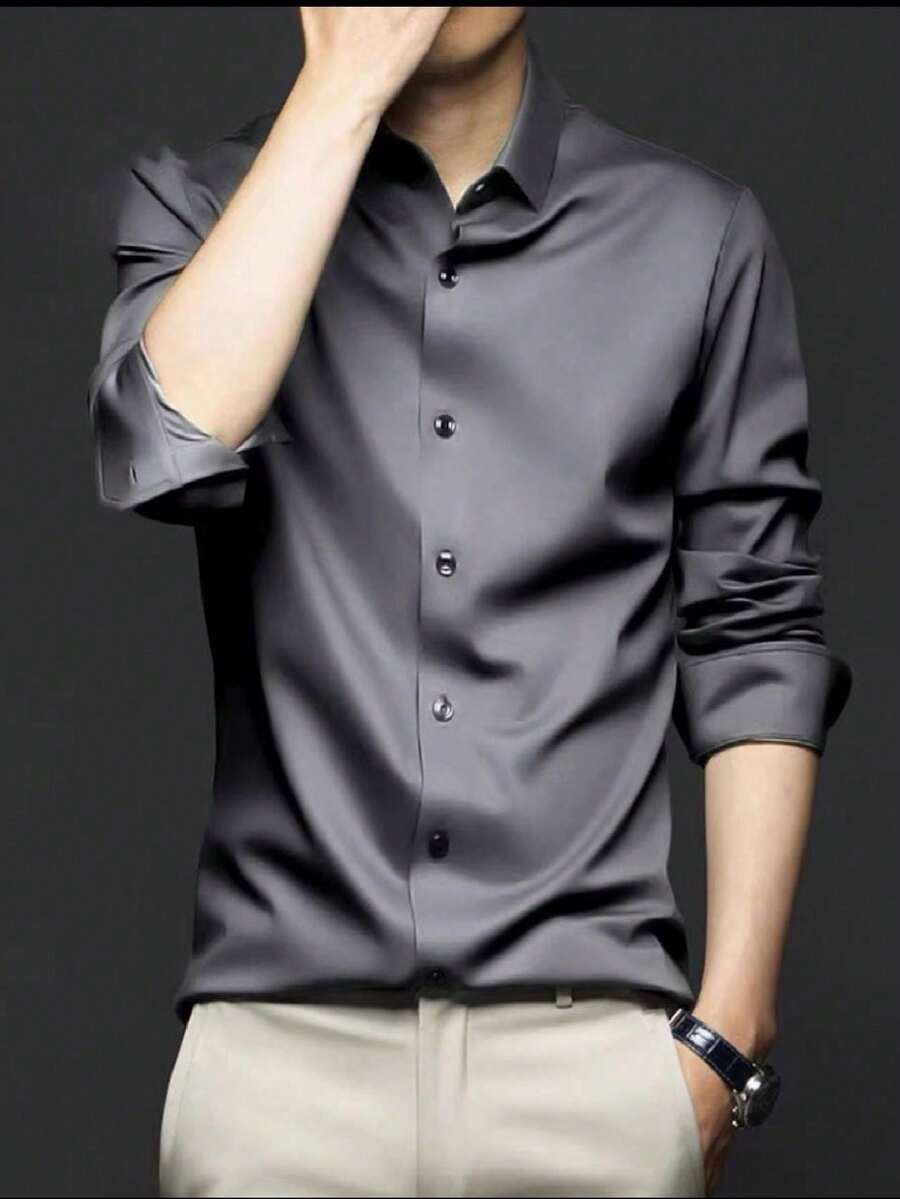 Men's Slim Fit Long Sleeve Dress Shirt Unmissable And Promotion - 深灰色 - 查看 1