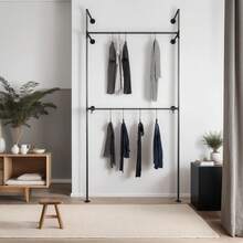 Industrial Pipe Clothing Rack - KIM I Double - Clothes Rack For Wardrobe, Bedroom And As Walk-In Closet System. Sturdy Clothing Racks For Hanging Clothes I Wall Mounted Heavy Duty Clothes Rack - 黑色 - 查看 2