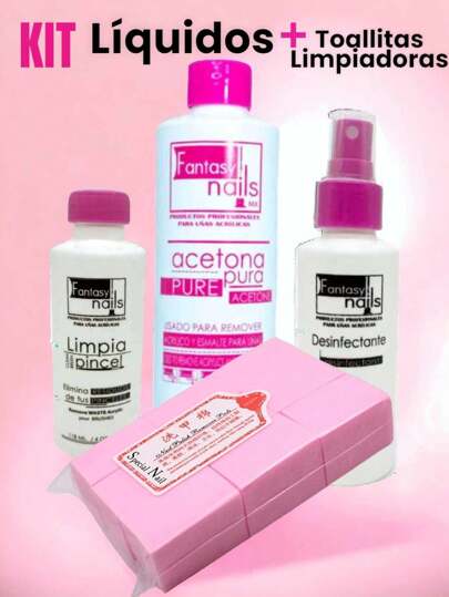 KIT LIQUIDOS Acetona, Antiseptico, Limpia Pincel + Toallitas limpiadoras 1000pz para aplicacion de uñas