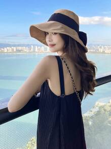 1頂女性帽子，春夏新款蝴蝶結草帽，遮陽遮光漏斗帽 - 拼色 - 查看 16