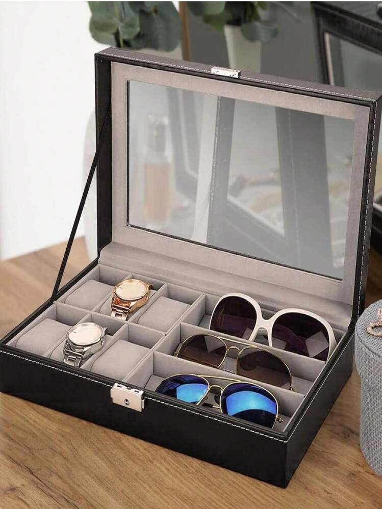 Caja Organizadora De Relojes Y Joyas Con 9 Espacios Para Reloj Y Lentes Elegante Joyero y Porta Relojes de PU con Terciopelo y Tapa de Acrilico Estuche Para Lentes Relojes Y Accesorios