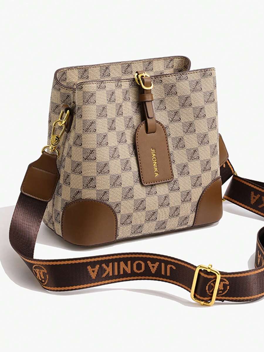 Checkered Pattern Bucket Bag, Vintage Style Shoulder Bag, Crossbody Bag For Women,Gift For Mom - View 1