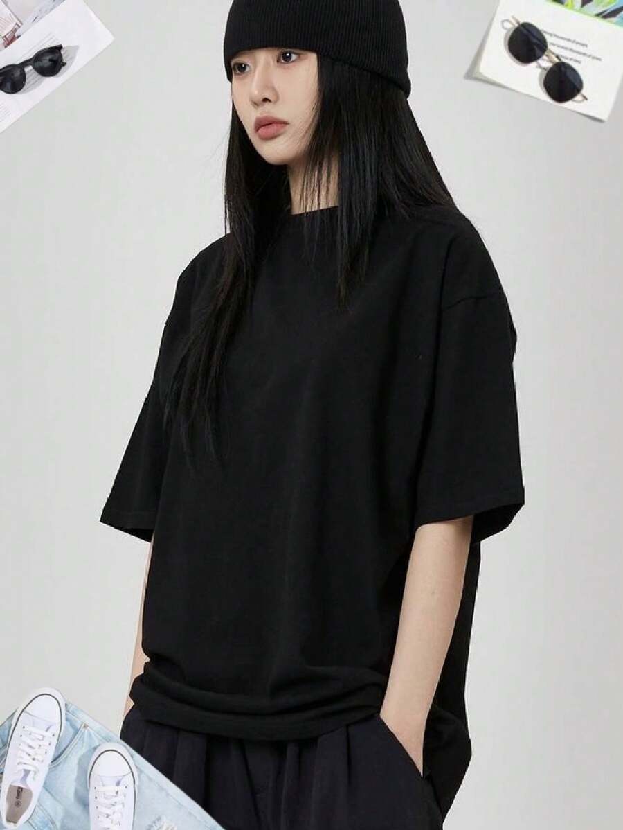 Playera Camiseta, Unicolor, Básicos, Hombros caidos, cuello redondo - Negro - Ver 1