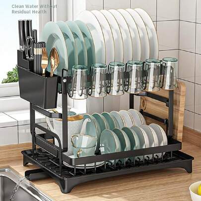 Organizador De Platos, Vasos, Utensilios, 2en1 Chasis Rotatorio De 360, Materiales Rígidos Duraderos De Acero Inoxidable, Escurridor Para Trastes Con Tabla Para Cortar Y Tubo De Drenaje.