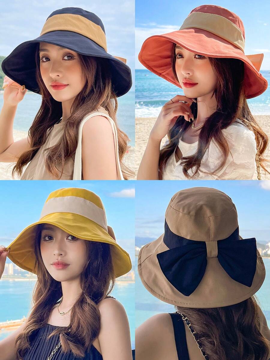 1頂女性帽子，春夏新款蝴蝶結草帽，遮陽遮光漏斗帽 - 拼色 - 查看 1