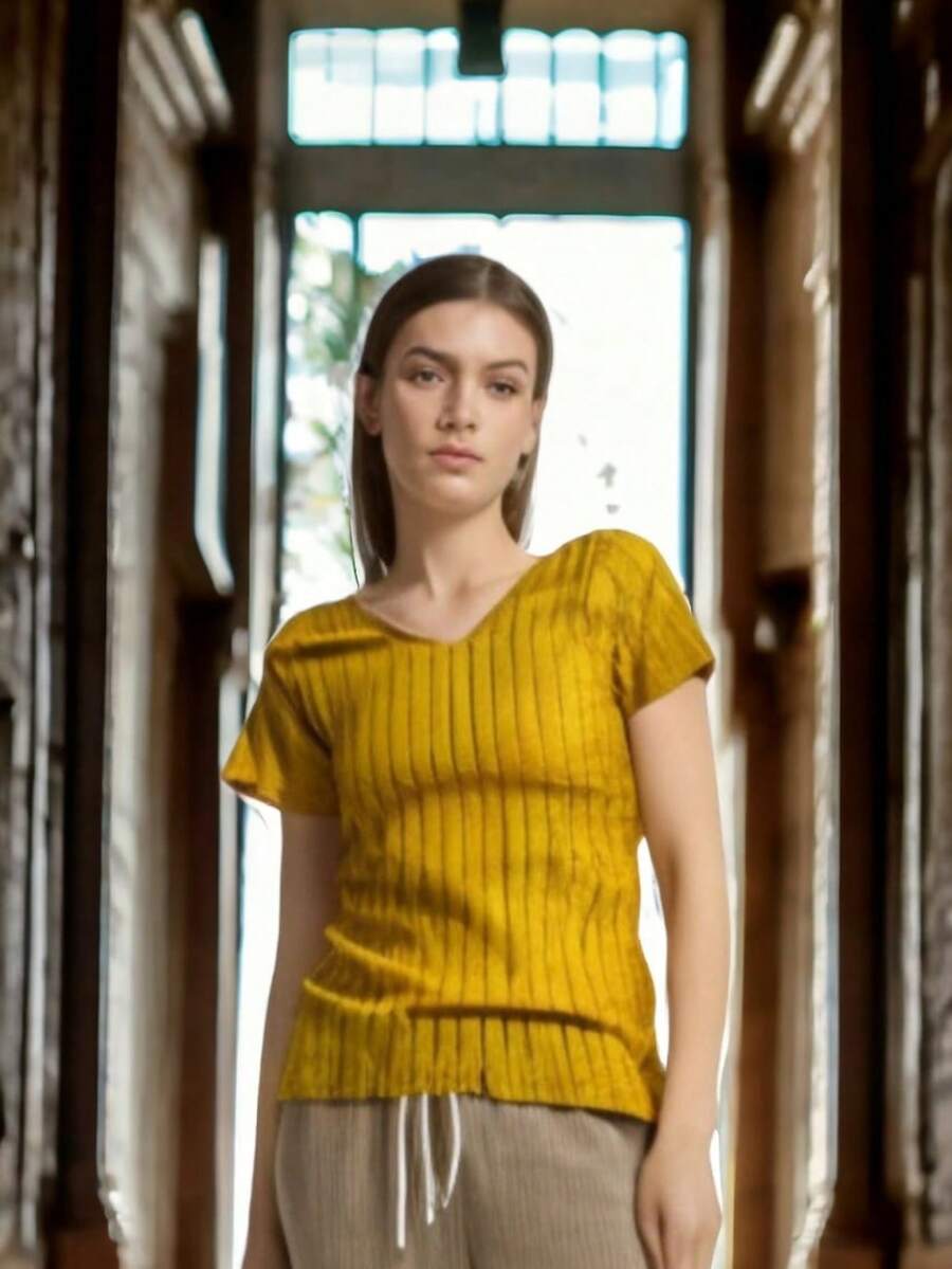 blusa de mujer asimetrico encaje contraste canales, cuello v LISO CASUAL