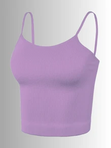 Top tank blusa de mujer canalé de tirantes estampado liso crop básico varios colores - Lila Púrpura - Ver 2