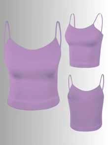 Top tank blusa de mujer canalé de tirantes estampado liso crop básico varios colores - Lila Púrpura - Ver 5