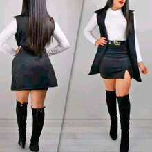 Conjunto femenino tres piezas chaleco falda corta y blusa - Negro - Ver 2