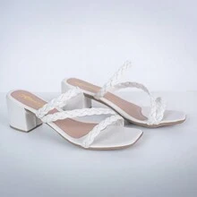 Sandália Feminina Tamanco de salto Grosso Bloco do 34 ao 42 Modelo tranca trançado - Branco - Visão 3