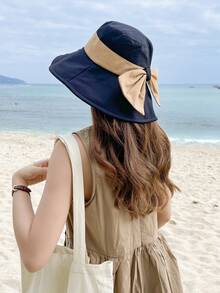 1頂女性帽子，春夏新款蝴蝶結草帽，遮陽遮光漏斗帽 - 拼色 - 查看 3