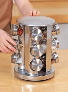 Especiero Giratorio Organizador de Especias Condimentos Hierbas Carrusel de Frascos con 12 Tarros Cristal 360 grados Especieros para Hogar Cocina - Plateado - Ver 1