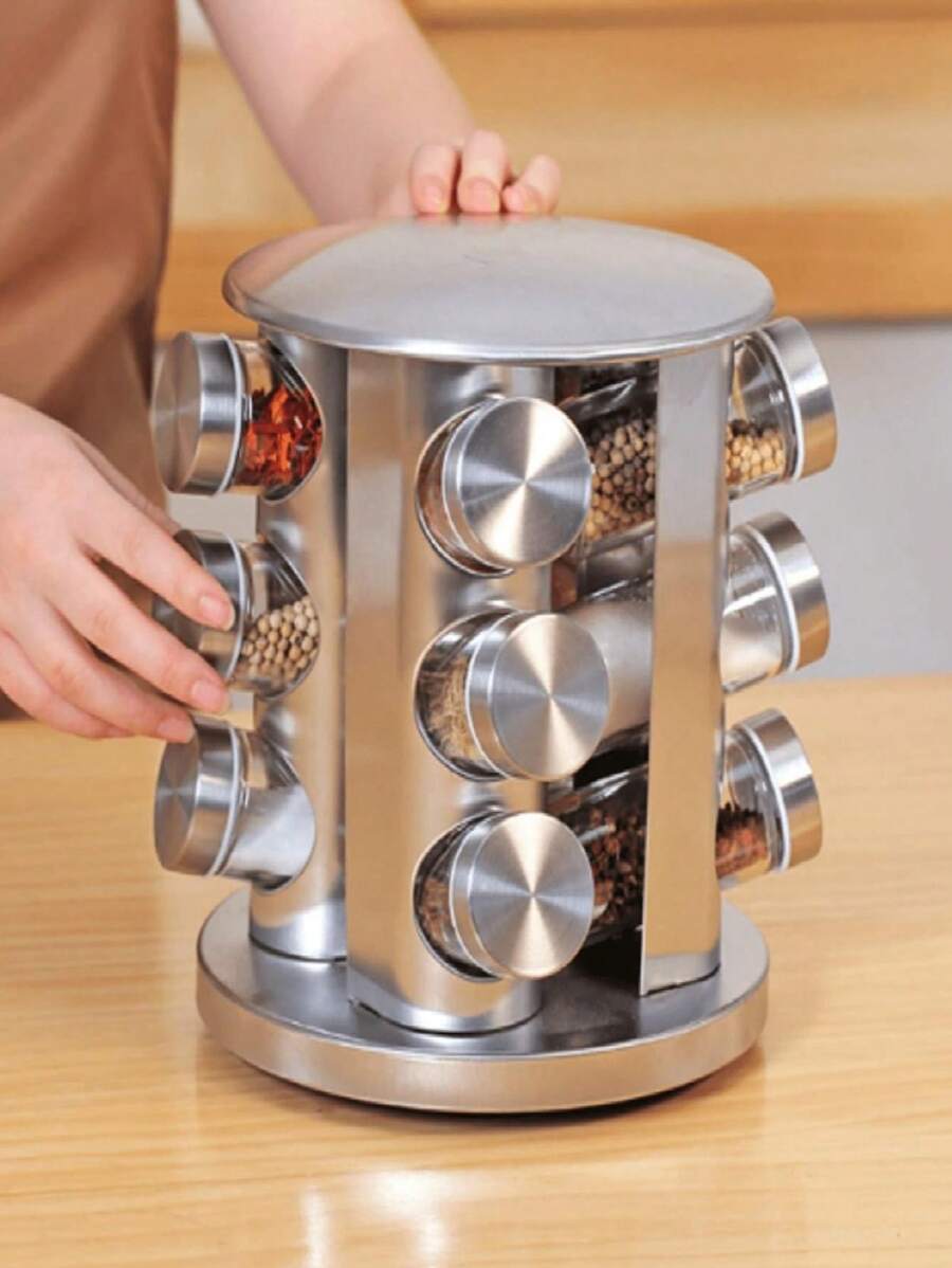 Especiero Giratorio Organizador de Especias Condimentos Hierbas Carrusel de Frascos con 12 Tarros Cristal 360 grados Especieros para Hogar Cocina - Plateado - Ver 1