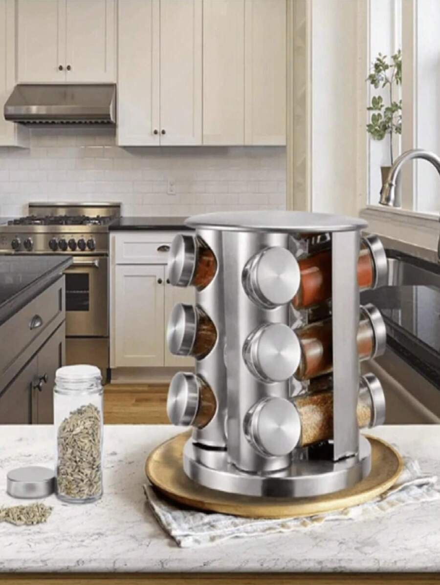 Rotating Spice Rack Spice Organizer Condiments Herbs Jar Carousel With 12 Glass Jars 360 Degrees Spice Racks For Home Kitchen - Silver - View 1
