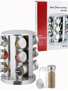 Rotating Spice Rack Spice Organizer Condiments Herbs Jar Carousel With 12 Glass Jars 360 Degrees Spice Racks For Home Kitchen - Silver - View 4