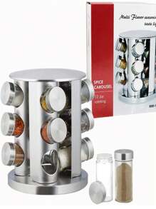 Especiero Giratorio Organizador de Especias Condimentos Hierbas Carrusel de Frascos con 12 Tarros Cristal 360 grados Especieros para Hogar Cocina - Plateado - Ver 3