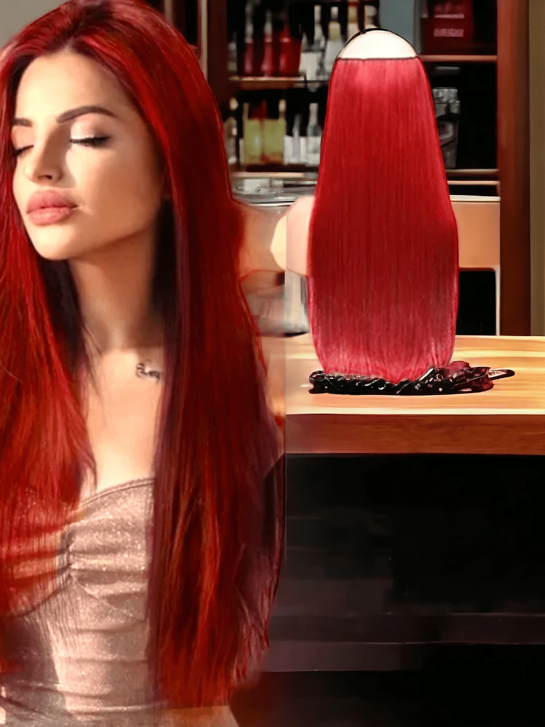 Cortina de extensiones de cabello liso fibra natural con clip - Rojo - Ver 1