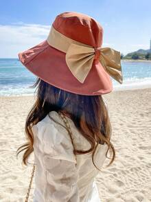 1頂女性帽子，春夏新款蝴蝶結草帽，遮陽遮光漏斗帽 - 拼色 - 查看 7