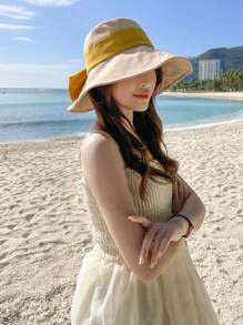 1頂女性帽子，春夏新款蝴蝶結草帽，遮陽遮光漏斗帽 - 拼色 - 查看 10