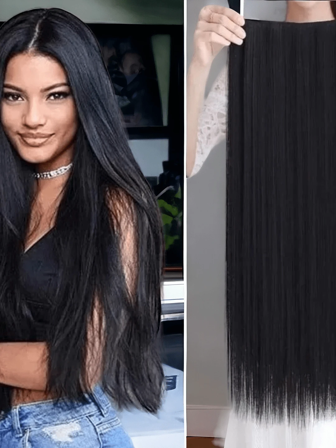 Cortina de extensiones  de cabello liso fibra natural con clip - Negro - Ver 1