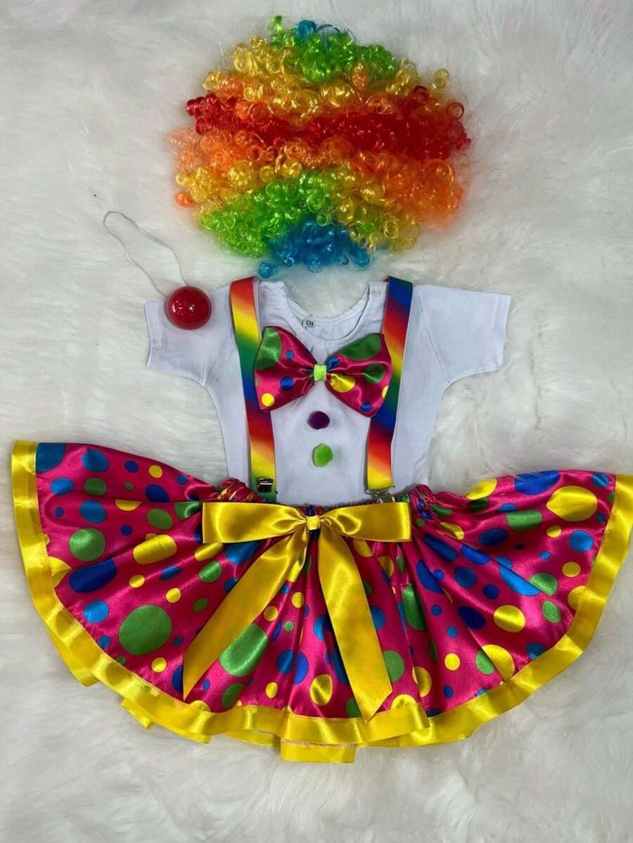 Disfraz de Payasita Niña con Leotardo Falda Tirantes Moño y Peluca - Rosa Fucsia - Ver 1