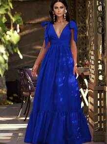 Women's Elegant Off Shoulder Drawstring Deep Neck Dress - Royal Blue - View 1