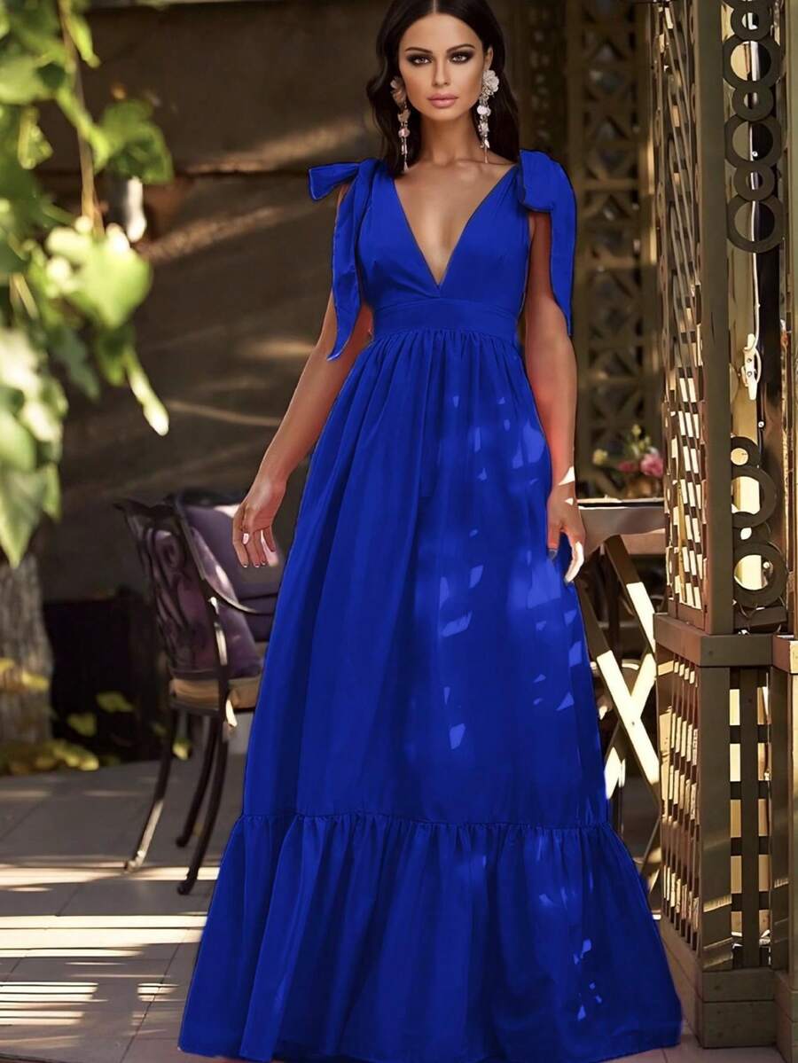 Women's Elegant Off Shoulder Drawstring Deep Neck Dress - Royal Blue - View 1
