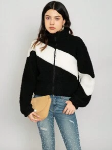 Chamarra linda para dama tela suave y de borrega - Negro - Ver 1