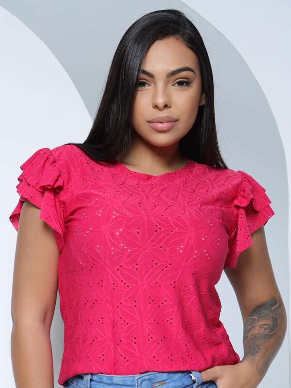 Blusa Furadinha  Feminina  Manga Babado