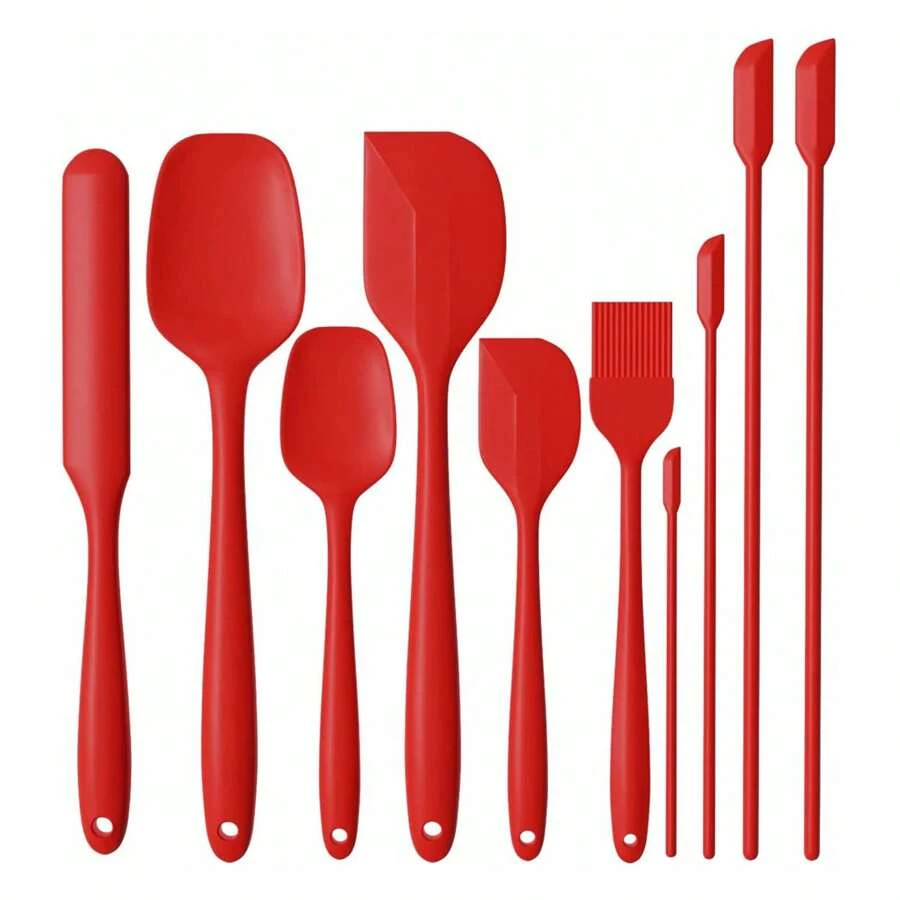 Juego de Espátulas de silicona de 10 piezas, Utensilios de cocina de silicona, Espátula de goma resistente al calor, diseño de una pieza con núcleo de acero inoxidable, espátulas de cocina para utensilios de cocina antiadherentes, No Tóxicos sin BPA para Cocinar Hornear y Mezclar (Rojo) - Rojo - Ver 1