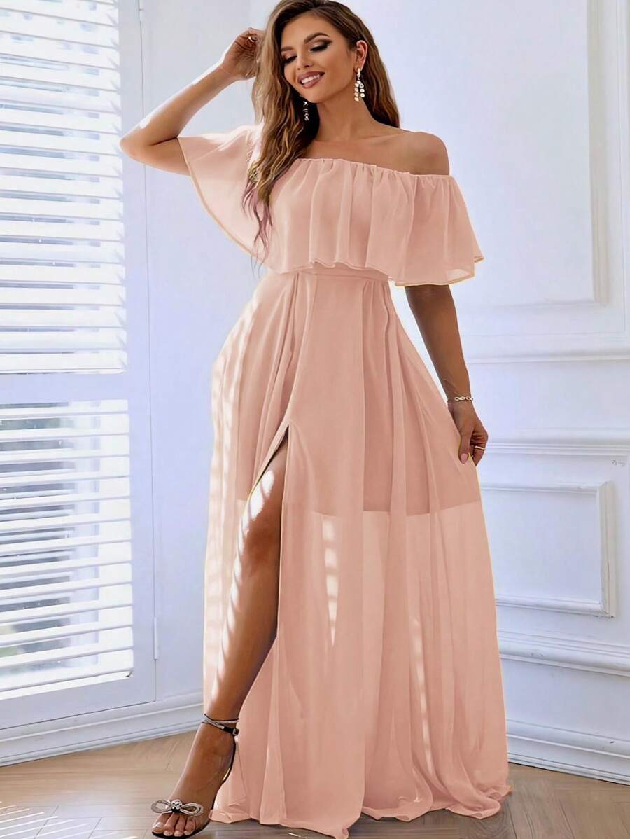 Maxi vestido elegante de hombros descubiertos con abertura en pierna para mujer - Rosa Pálido - Ver 1