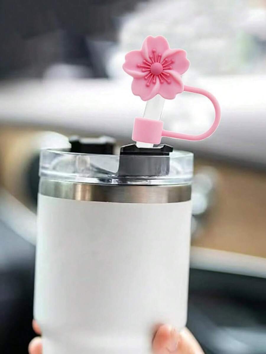 1 nắp ống hút chống bụi bằng silicon có thể tái sử dụng với thiết kế hoa anh đào, phù hợp với ống hút 10mm (không bao gồm ống hút), nhà bếp, quà tặng Giáng sinh - Hồng - Xem 1