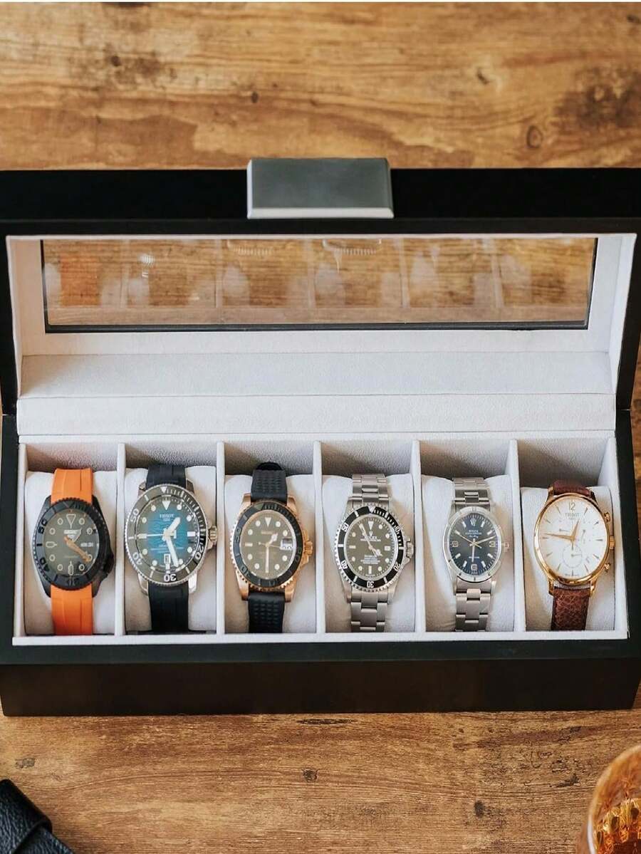 Estuche Organizador De Relojes Y Joyas En Madera, Reloj Caja Organizadora De Madera De Alta Calidad, Caja de Reloj Con 6 Compartimentos, Caja de Reloj de Con 6 Ranuras, Relojero Con Tapa Premium, Bote Para Joyas - Multicolor - Ver 1