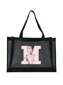 1 件女士欧美风格、镂空、户外收纳袋、手提袋、时尚、适合、适合学校、适合、简单纯色适合学生的学校用品、轻便、大容量、便携式网状沙滩包、非常适合家庭旅行、度假、假日、海滩、露营和徒步旅行、最适合海滩氛围的女士包 - 黑色 - 查看 9