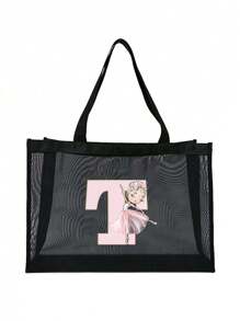 1 件女士欧美风格、镂空、户外收纳袋、手提袋、时尚、适合、适合学校、适合、简单纯色适合学生的学校用品、轻便、大容量、便携式网状沙滩包、非常适合家庭旅行、度假、假日、海滩、露营和徒步旅行、最适合海滩氛围的女士包 - 黑色 - 查看 13