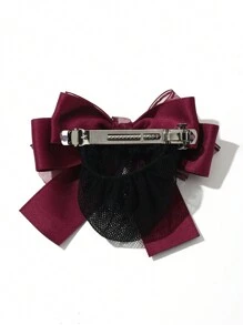 1pc Women's Double Layer Bow Hair Clip With Mesh Net Design, Suitable For Nurse, Bank Teller, Flight Attendant, Daily Commute Use Elegant - Burgundy - View 5