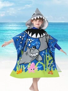 1PC Hooded Bath Beach Poncho Towels For 4-10ags Kid Boys Swim Cover-Ups Cloak With Portable Bag, Great White Shark Theme