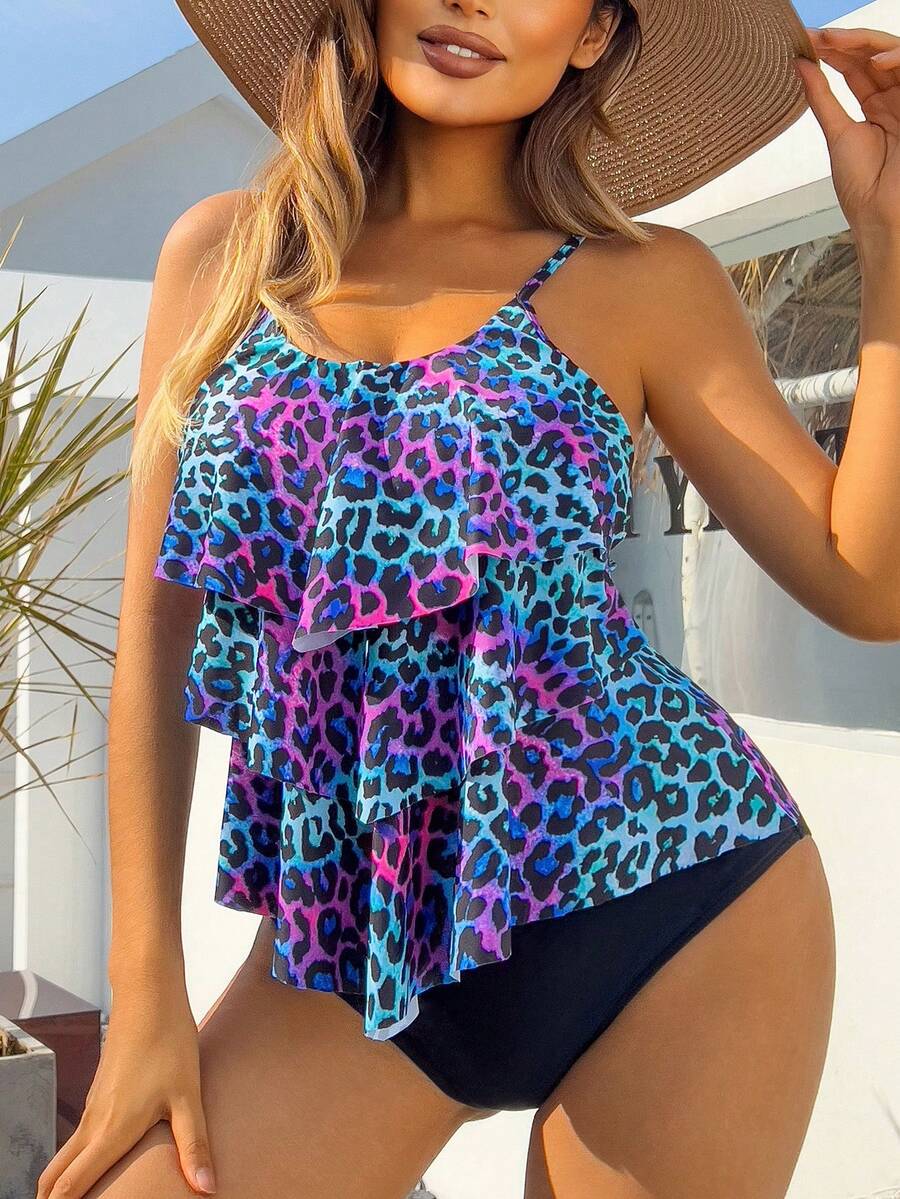 Tankini costume da bagno multicolore con stampa leopardata, scollo rotondo e balze sull'orlo, adatto per spiaggia, vacanza, tempo libero