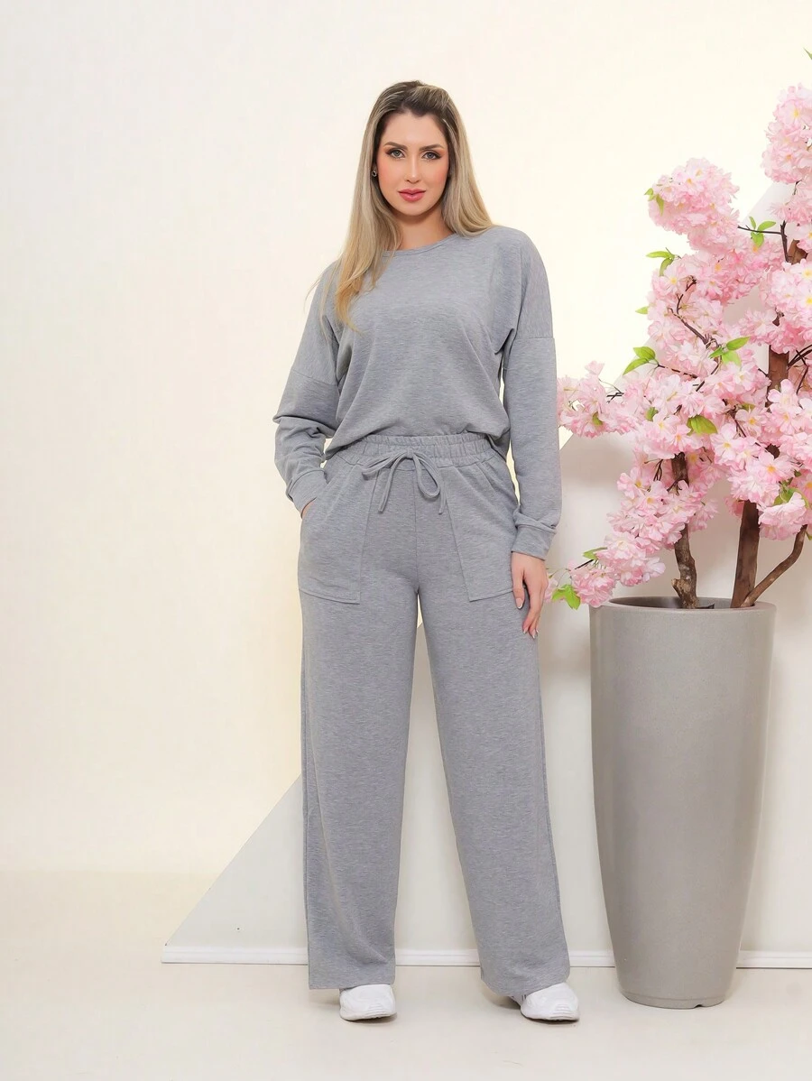 Conjunto de moletimho de blusa manga longa e calça pantalona C3028 - Cinza - Visão 1