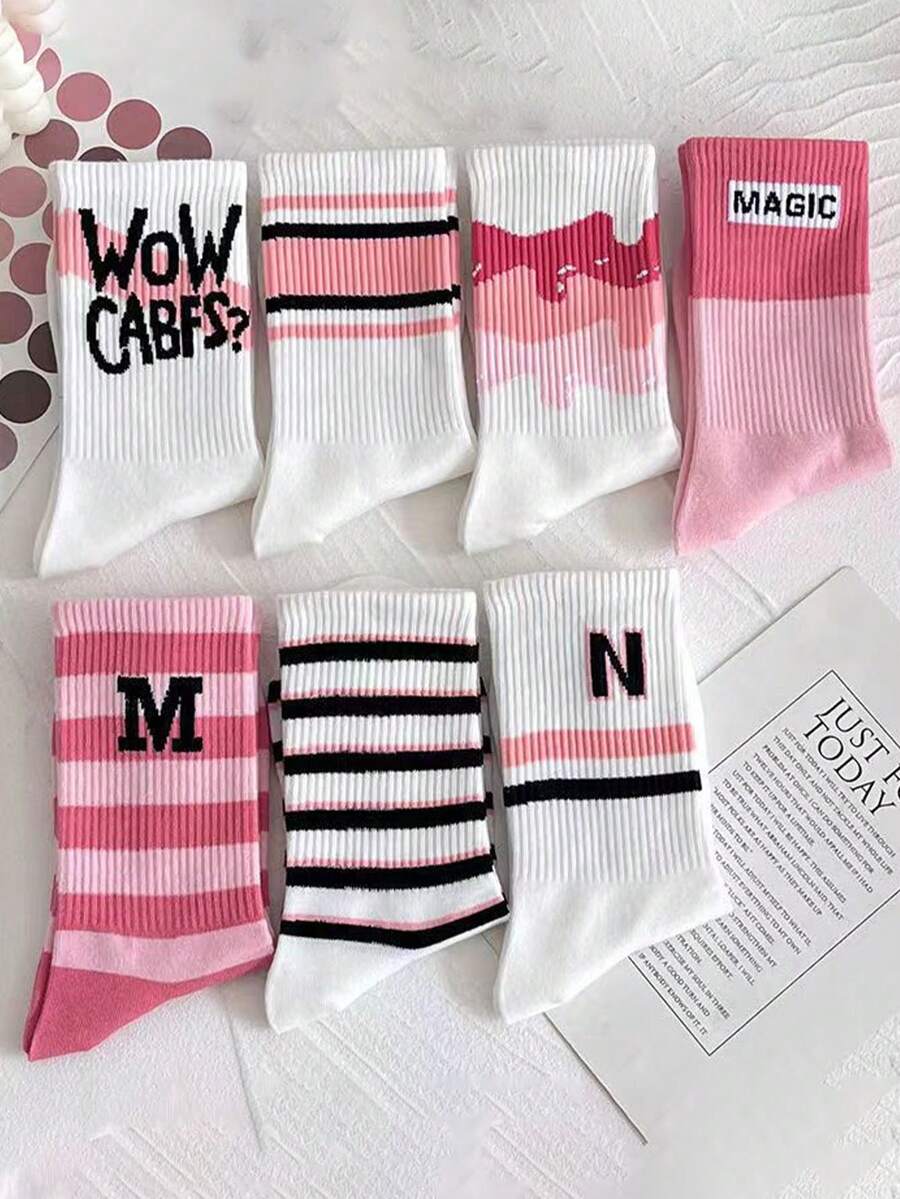 7對女生ins風格粉色時尚通用字母細節長筒襪,學生必備,透氣中筒襪適用於所有季節 - 彩色 - 查看 1