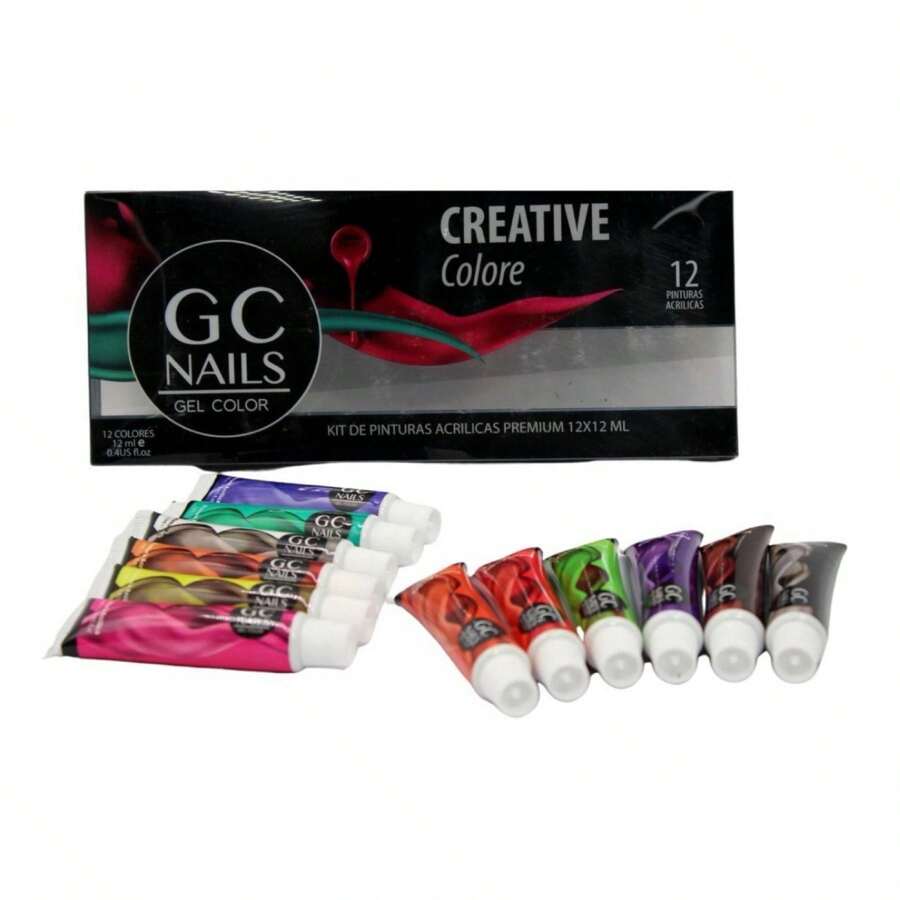 Kit 12 pintura acrilica GC NAILS para uñas mano alzada acrilicas set colores mixtos mezclables - Multicolor - Ver 1