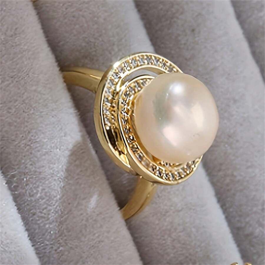 Anel banhado a ouro estilo japonês-coreano com ornamento oval de pérola falsa para mulheres, ótimo para casamento/noivado, acessório europeu/americano da moda, ideal para presentes de dia dos namorados, dia das mães, dia dos pais e festivais de música, mãe, mãe, dia das mães, presente