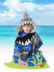 1PC Hooded Bath Beach Poncho Towels For 4-10ags Kid Boys Swim Cover-Ups Cloak With Portable Bag, Great White Shark Theme